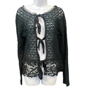 Free People Black Lace  Chrochet Three Tie-Front Sweater Large Dark Fairy Core